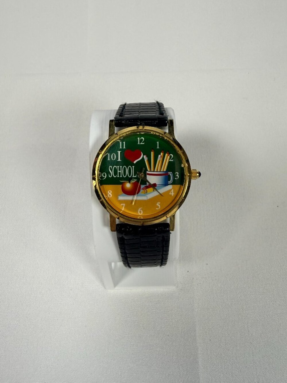 Vintage Teacher Watch I Love School Apple Pencil Apple Dial Gold Tone Black Stra